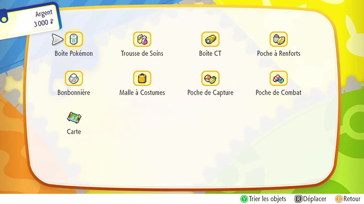 Sac et inventaire Pokémon Let's Go Pikachu et Évoli