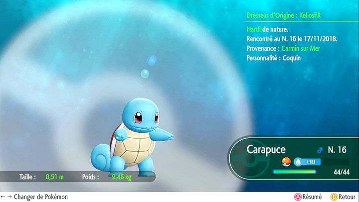Carapuce - Pokémon offert à Carmin sur Mer - Pokémon Let's Go Pikachu et Pokémon Let's Go Évoli