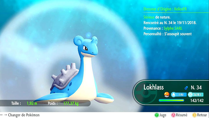 Lokhlass - Pokémon offert dans la Sylphe SARL à Safrania - Pokémon Let's Go Pikachu et Pokémon Let's Go Évoli