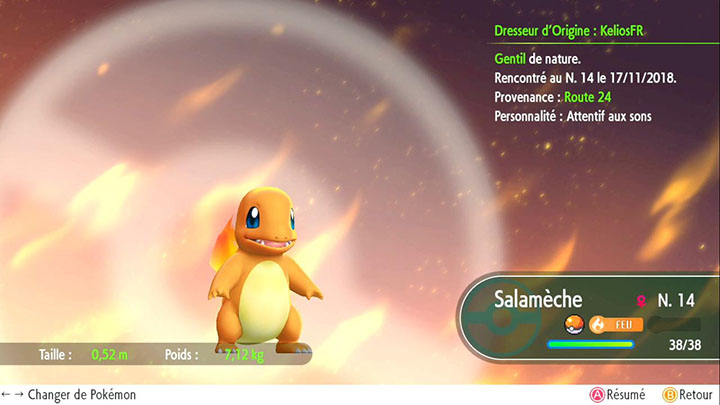 Salamèche - Pokémon offert sur la Route 24 - Pokémon Let's Go Pikachu et Pokémon Let's Go Évoli