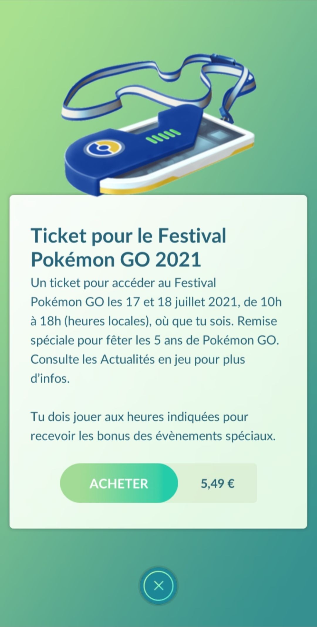 Ticket du Pokémon GO Fest 2021